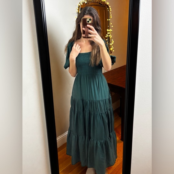 La Ligne Teal emerald green smocked maxi Dress scoop neck short sleeve silk - Picture 7 of 8